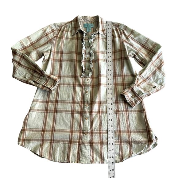 Tasha Polizzi 100% Cotton Plaid Ruffle Western Pearl Snap Lt‎ Aqua Tunic Shirt M - Picture 7 of 8